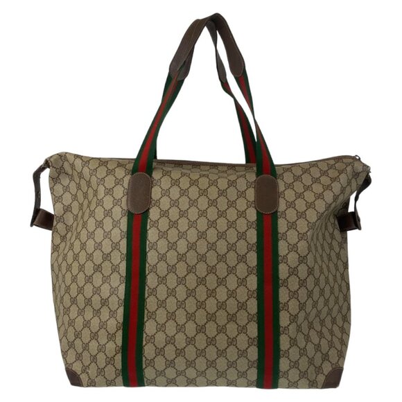 Authentic Gucci XL Travel Tote Supreme Web Canvas Boston Bag Duffle Sherry Purse - Picture 4 of 9